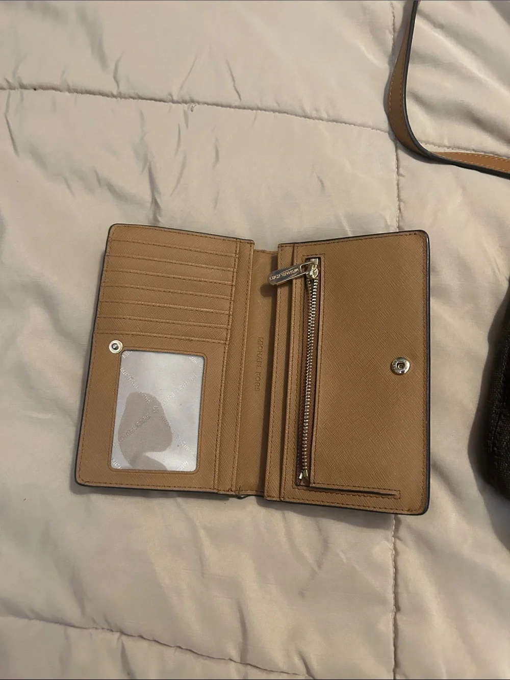 Michael Kors Dark Brown Monogram Hobo with Tan Strap and Matching Wallet